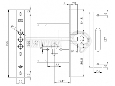 Схема Замок врезной KALE (без цилиндра) 189/3M w/b золото